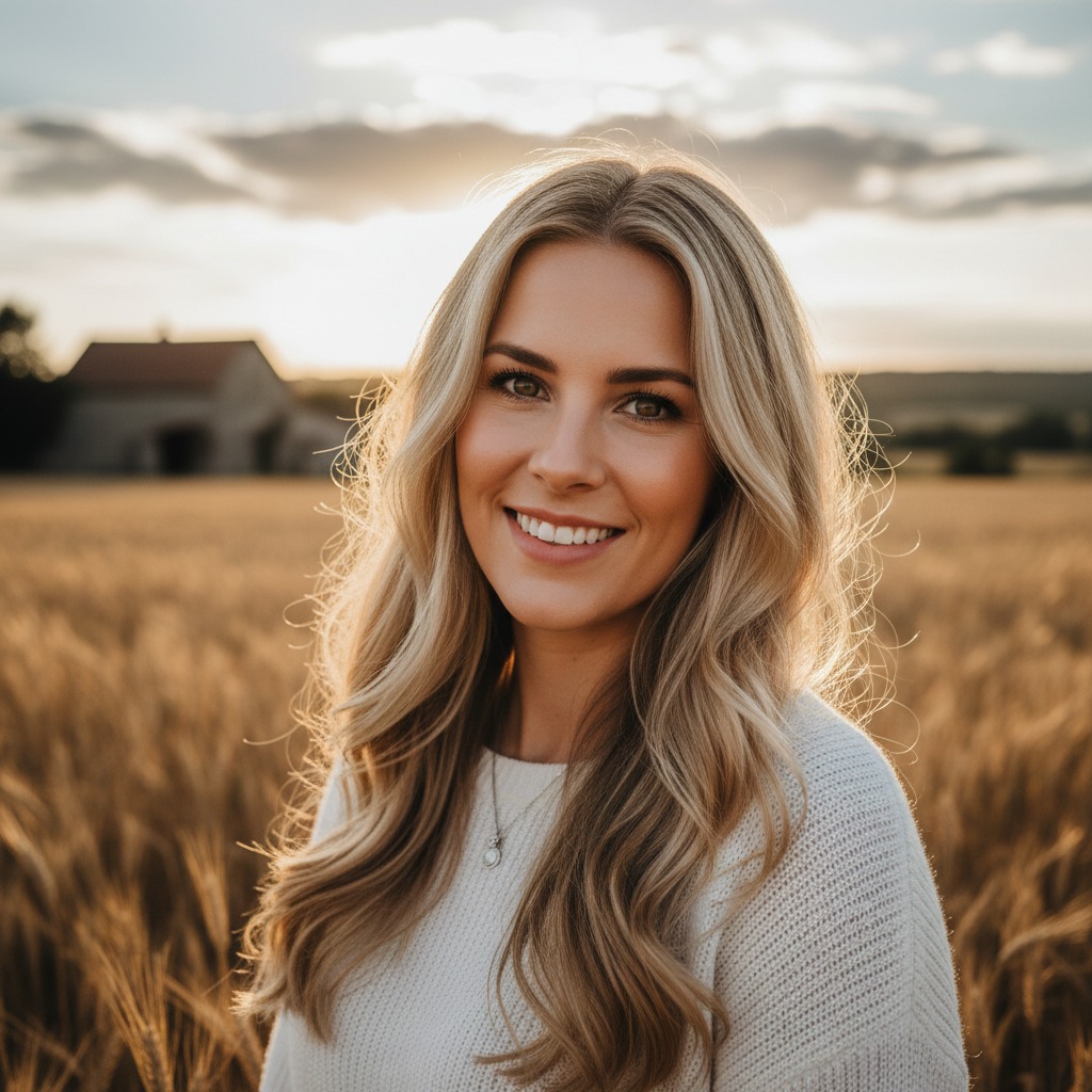 Mulher loira sorridente vestindo suéter branco em um campo de trigo ao pôr do sol.